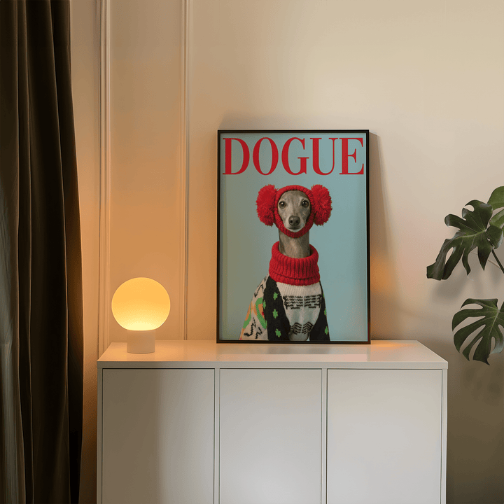 Italian Greyhound wall art of a dog with red earmuffs on a white sideboard with lamp
