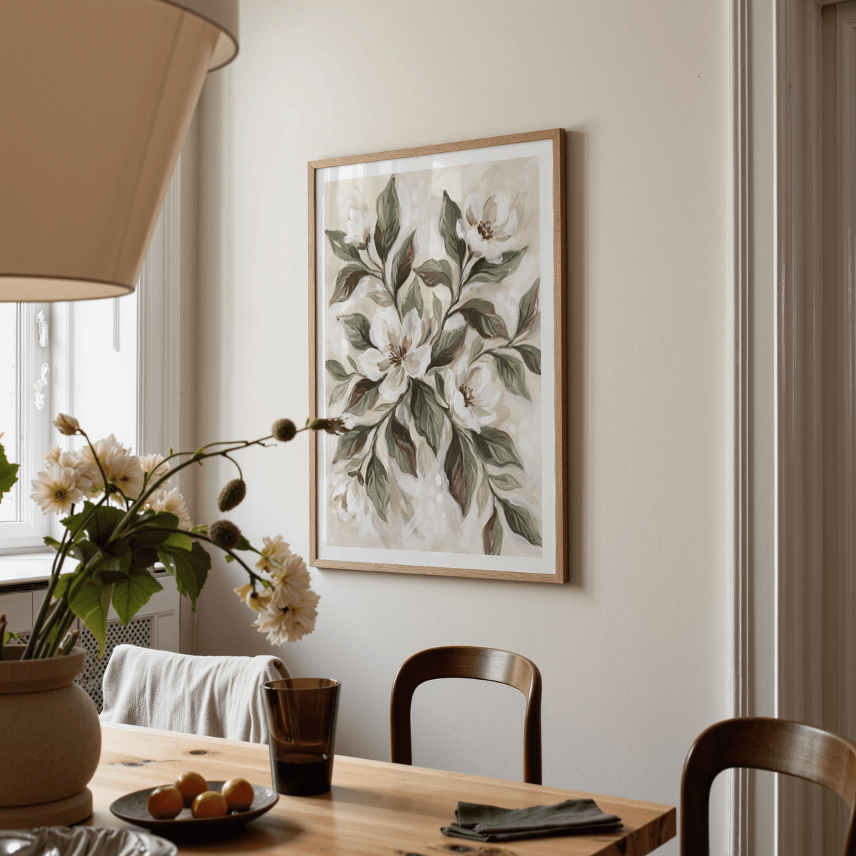Magnolia Wall Decor flower art print in Beige and White for bathroom decor
