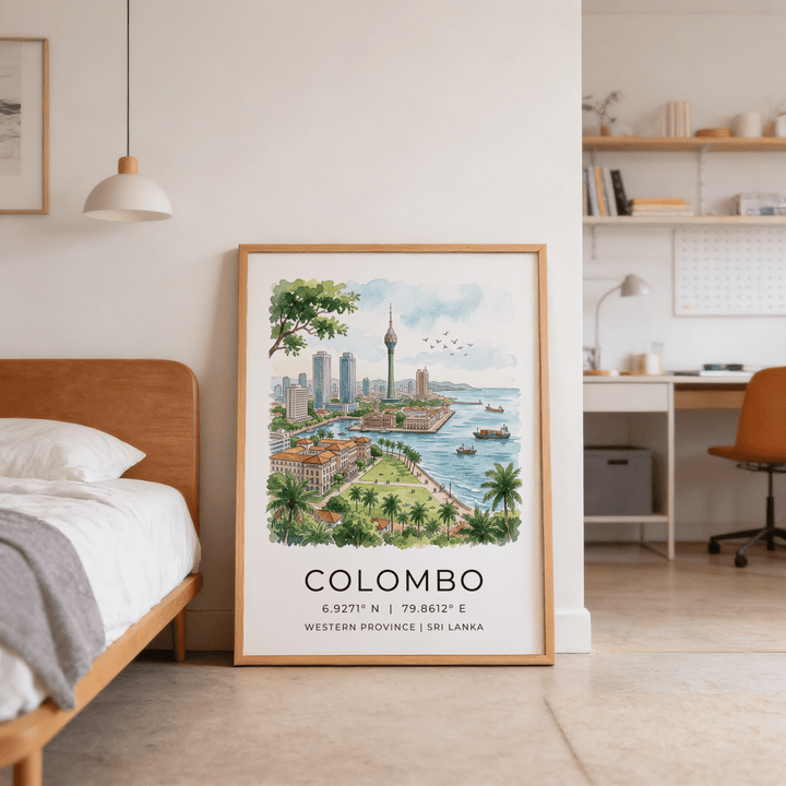 Print of Colombo Skyline Art Print leaning against a wall in a bedroom with wooden bedframe and desk nearby