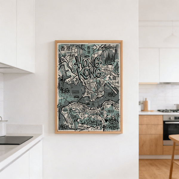Living room scene with Hong Kong Map Wall Art hung above a console table