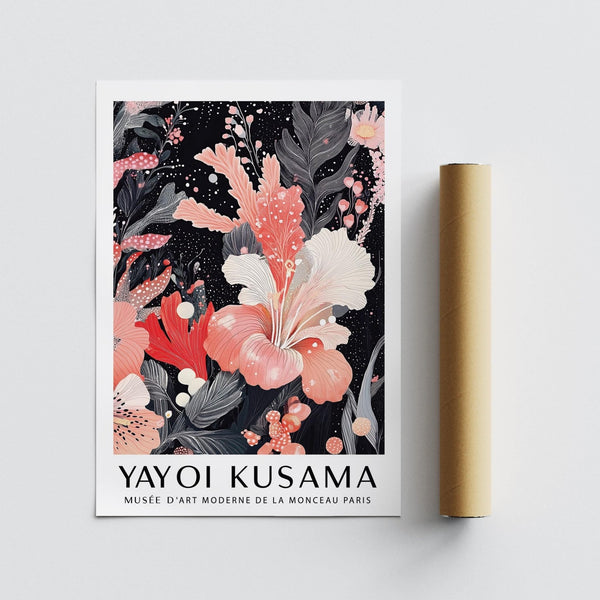 Abstract floral black and pink wall art with layered petals and stems