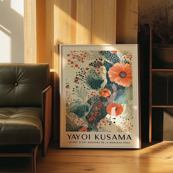 Modern orange and teal wall art print with berries, petals, and leafy elements