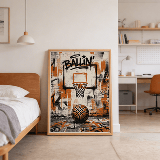 Urban Basketball Print showcasing layered spray marks and the word BALLIN in block letters