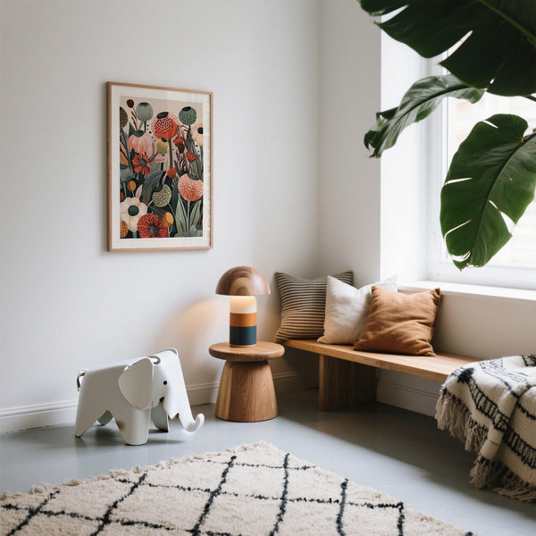 Graphic floral print wall art with sage, cream, and terracotta petals