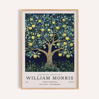 Tree art print of a golden apple tree with dark green leaves and vintage style label