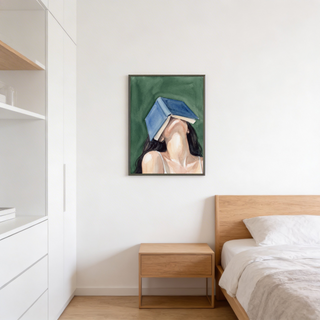 Green and Blue watercolor poster of a faceless woman reclining with a book covering her face