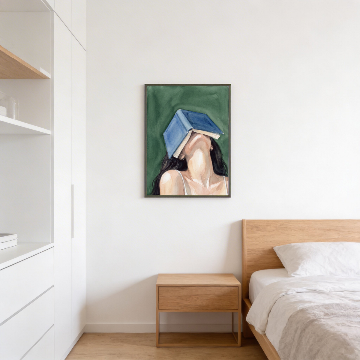 Green and Blue watercolor poster of a faceless woman reclining with a book covering her face