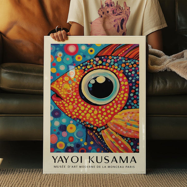 Fun and dynamic colorful fish art print with swirling aquatic patterns