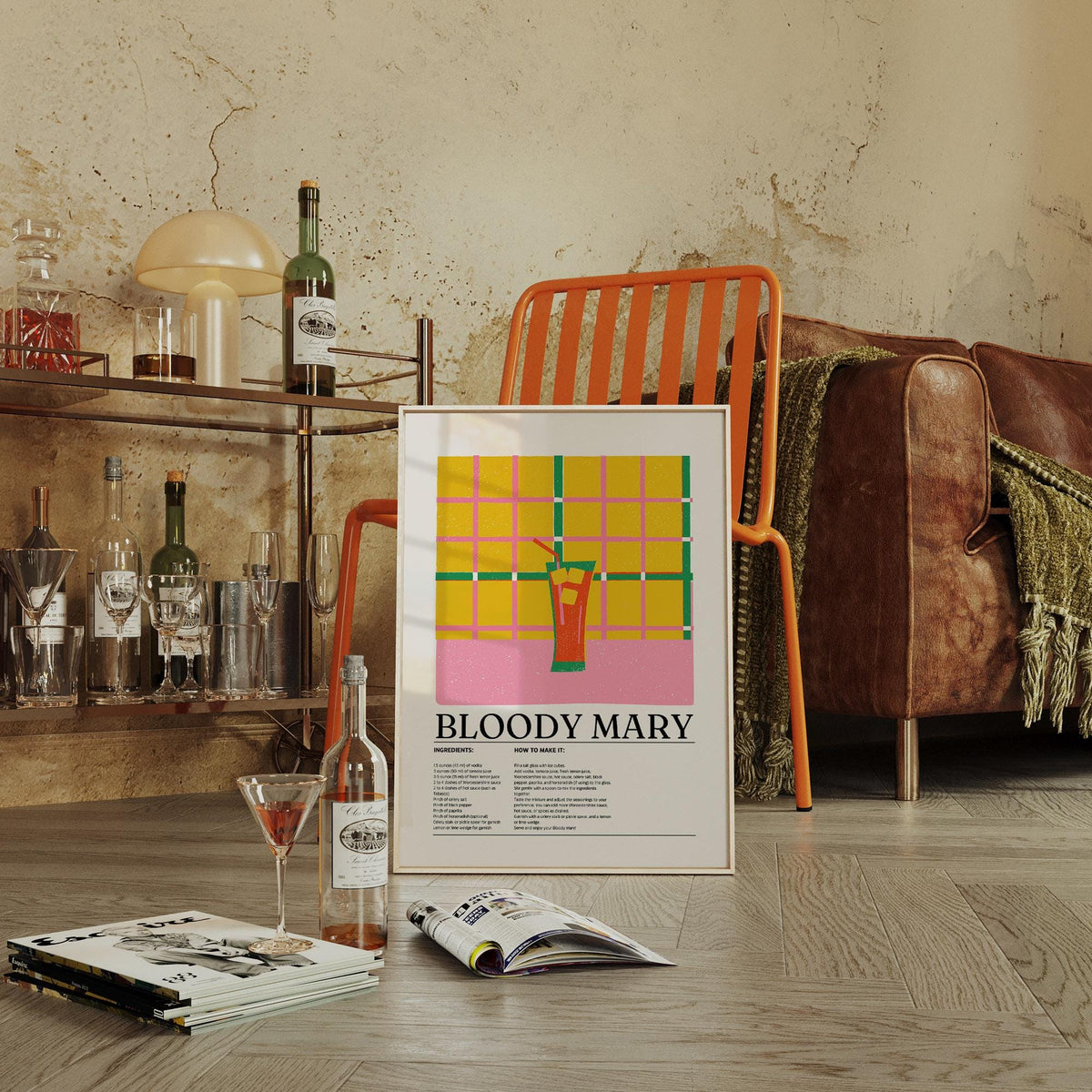 Tall red cocktail glass featured in a vintage-style Bloody Mary drink poster.