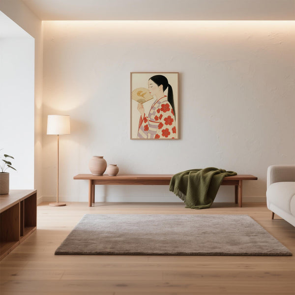 Graceful woman in red and white floral robe, captured in Modern Japanese Art.