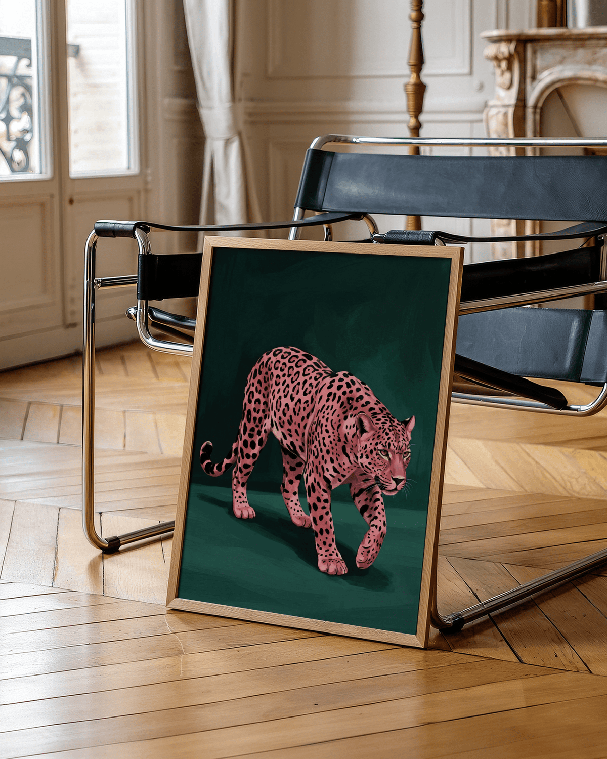 Modern Pink Leopard Wall Art poster in pink, green, and black for bedroom