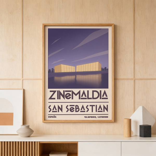 Minimalist San Sebastian Wall Art poster with geometric buildings reflected on water