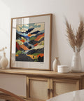 Square-format landscape poster with artistic nature patterns