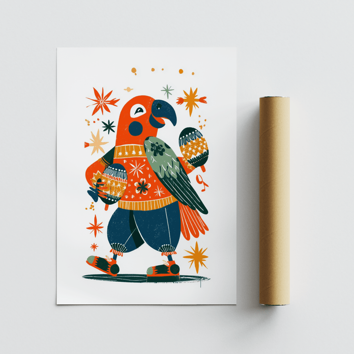 Print with playful animal poster of a folk-art parrot holding maracas in orange green and navy with a packaging tube