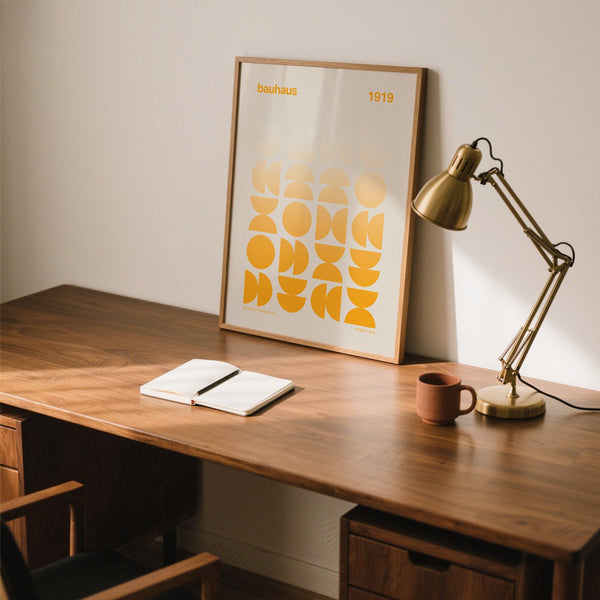 Modern wall art from the Posters Bauhaus series with symmetrical yellow shapes.