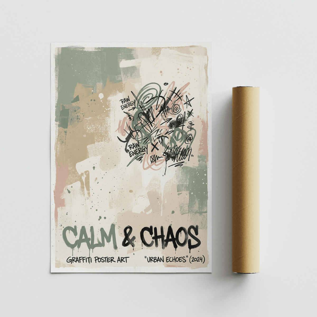 Framed Urban Graffiti Art Print in workspace with Green Orange Pink accents