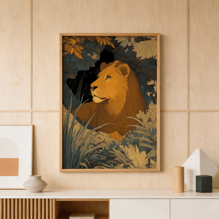 Close-up lion illustration print with detailed fur lines and leaf clusters