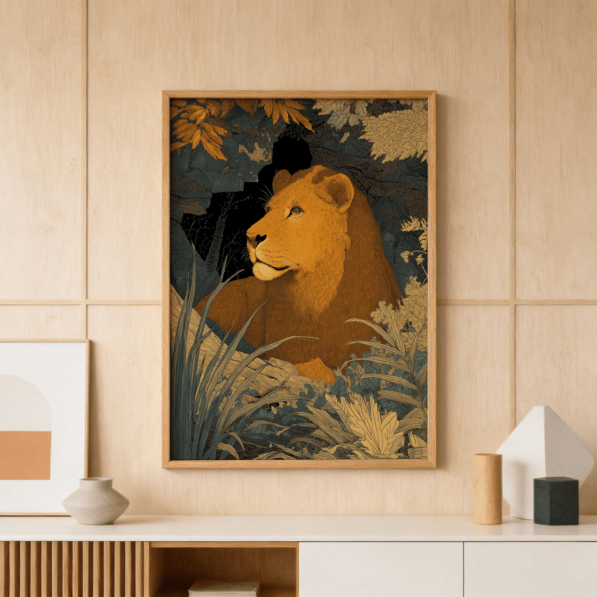 Close-up lion illustration print with detailed fur lines and leaf clusters