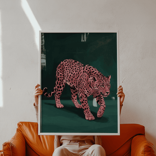 Pink Leopard Wall Art featuring bold pink tones, black details, green setting, ideal for office