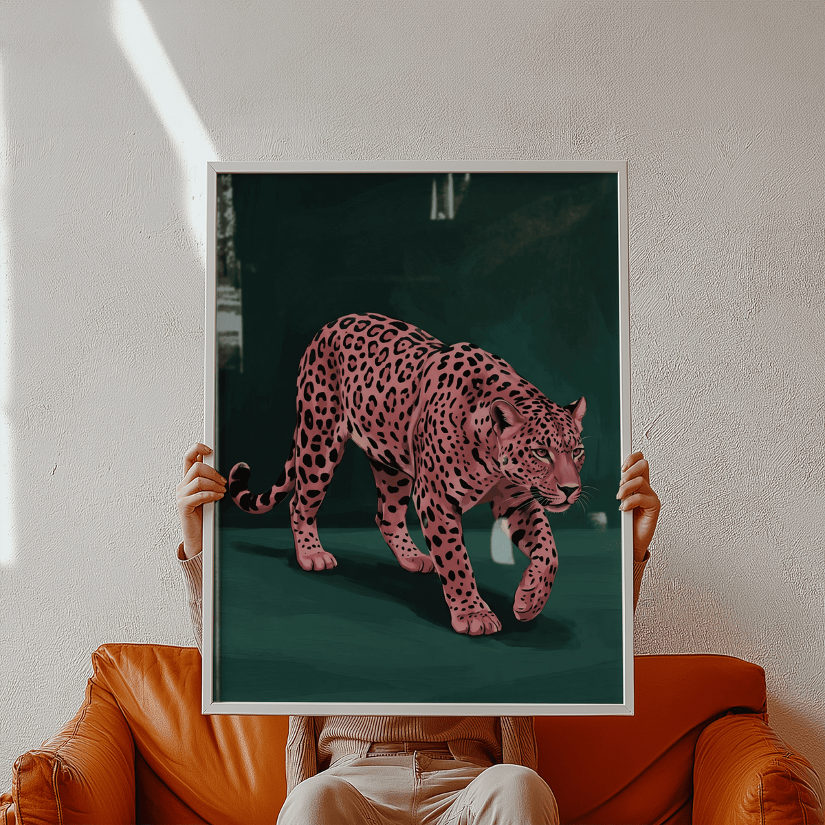 Pink Leopard Wall Art featuring bold pink tones, black details, green setting, ideal for office