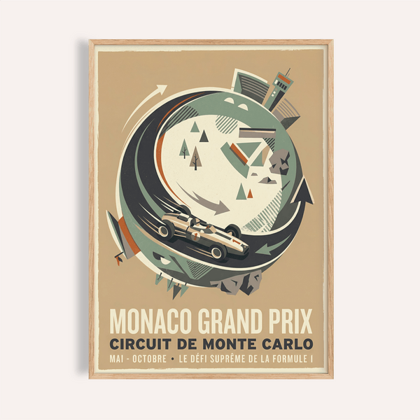 Angular Monaco Grand Prix Print poster with race car on a looping circuit and bold arrows