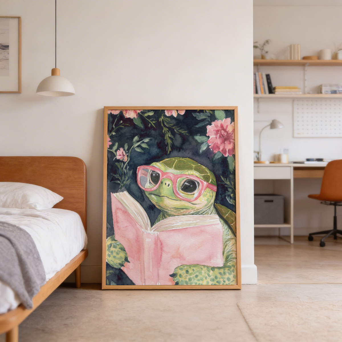 Storybook-style turtle print for wall decor with oversized glasses, open book, and floral details
