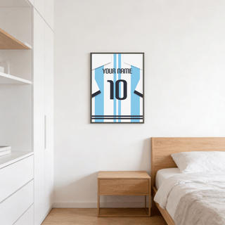 Minimalist Custom Argentina Shirt Poster on wall showing personalized name and large 10
