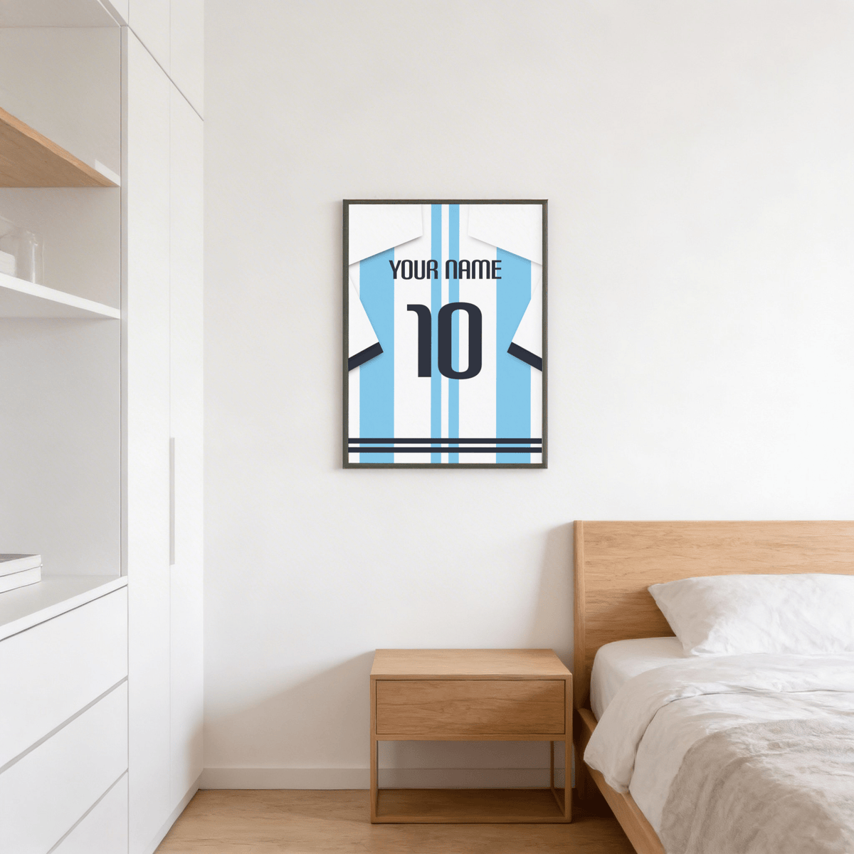 Minimalist Custom Argentina Shirt Poster on wall showing personalized name and large 10