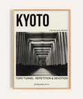 Bold KYOTO typography poster with torii gate corridor photo wall art print