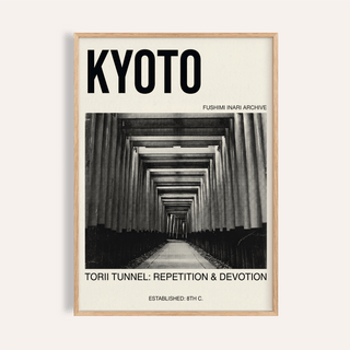 Bold KYOTO typography poster with torii gate corridor photo wall art print