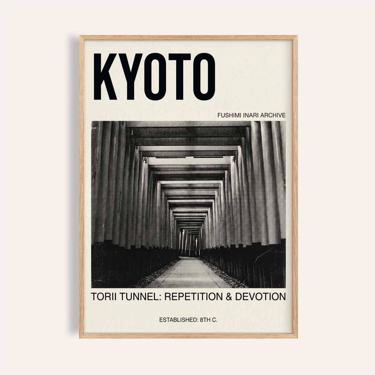 Bold KYOTO typography poster with torii gate corridor photo wall art print