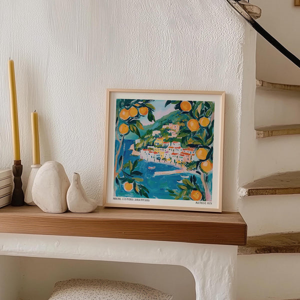Colorful hillside town overlooking the sea in a bold Amalfi Wall Art piece.