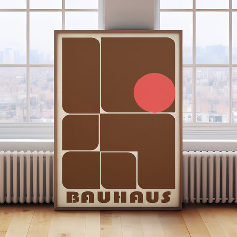 Bold abstract geometric Bauhaus design poster in brown and red for living room decor