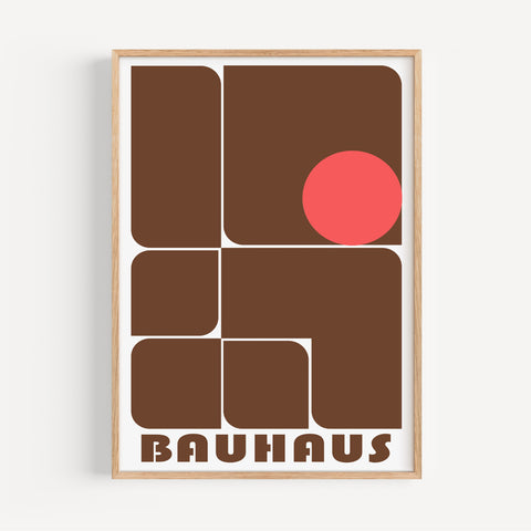 Bold abstract geometric Bauhaus design poster in brown and red for living room decor