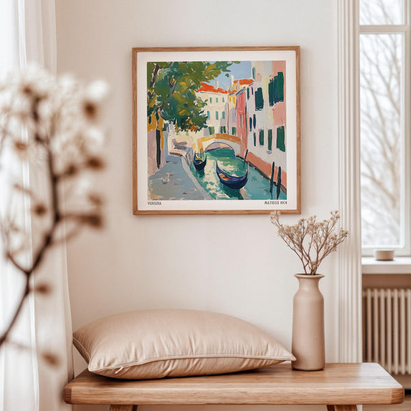 Venice Wall Art with gondolas drifting beneath a yellow bridge in a colorful canal scene.