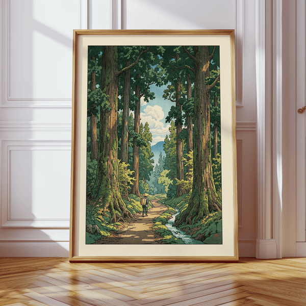 Vintage-style forest landscape poster with dense foliage, central perspective path, and cloudy sky