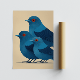 Minimalist bird print with trio of birds, pointed beaks, and curved linework forming layered feathers