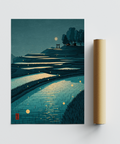 Tranquil Rice Field Poster wall art featuring moonlit paddies and layered composition