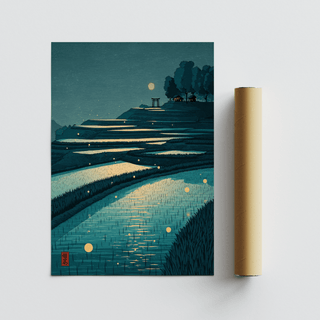 Tranquil Rice Field Poster wall art featuring moonlit paddies and layered composition