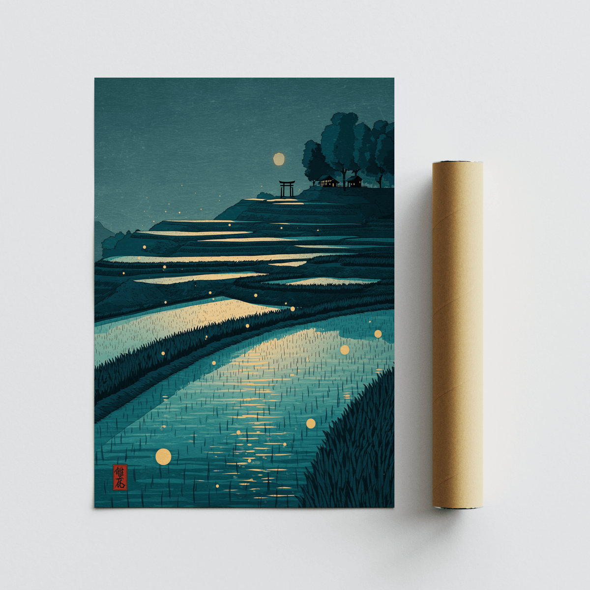 Tranquil Rice Field Poster wall art featuring moonlit paddies and layered composition