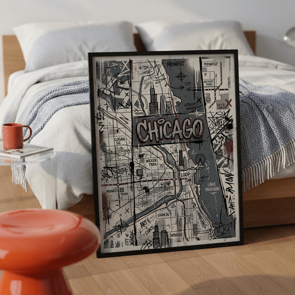 Typographic city poster with oversized lettering atop tight street framework
