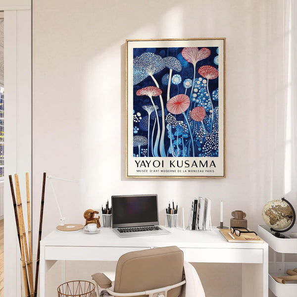 Graphic mushroom art print with vibrant red and pale blue elements.