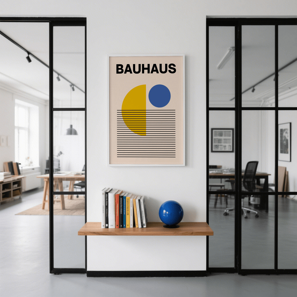 Contemporary Geometric Lines Art print in Blue and Yellow for den