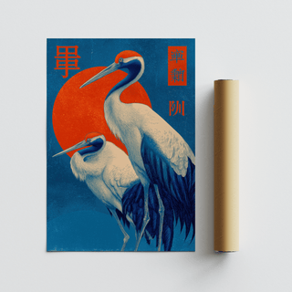 Abstract Cranes Art Print in Red, Blue, and White for lounge