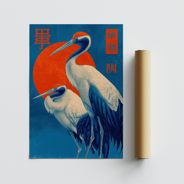 Abstract Cranes Art Print in Red, Blue, and White for lounge