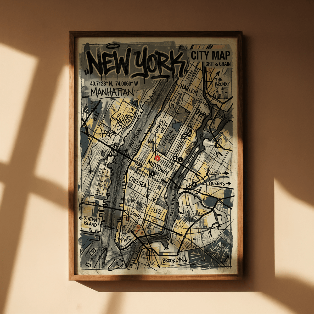 Angled view of city map poster print with Harlem, Bronx, and Queens labels