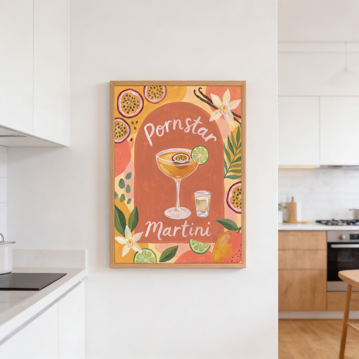 Detail view of hand-painted script text and cocktail glass on a wall art print