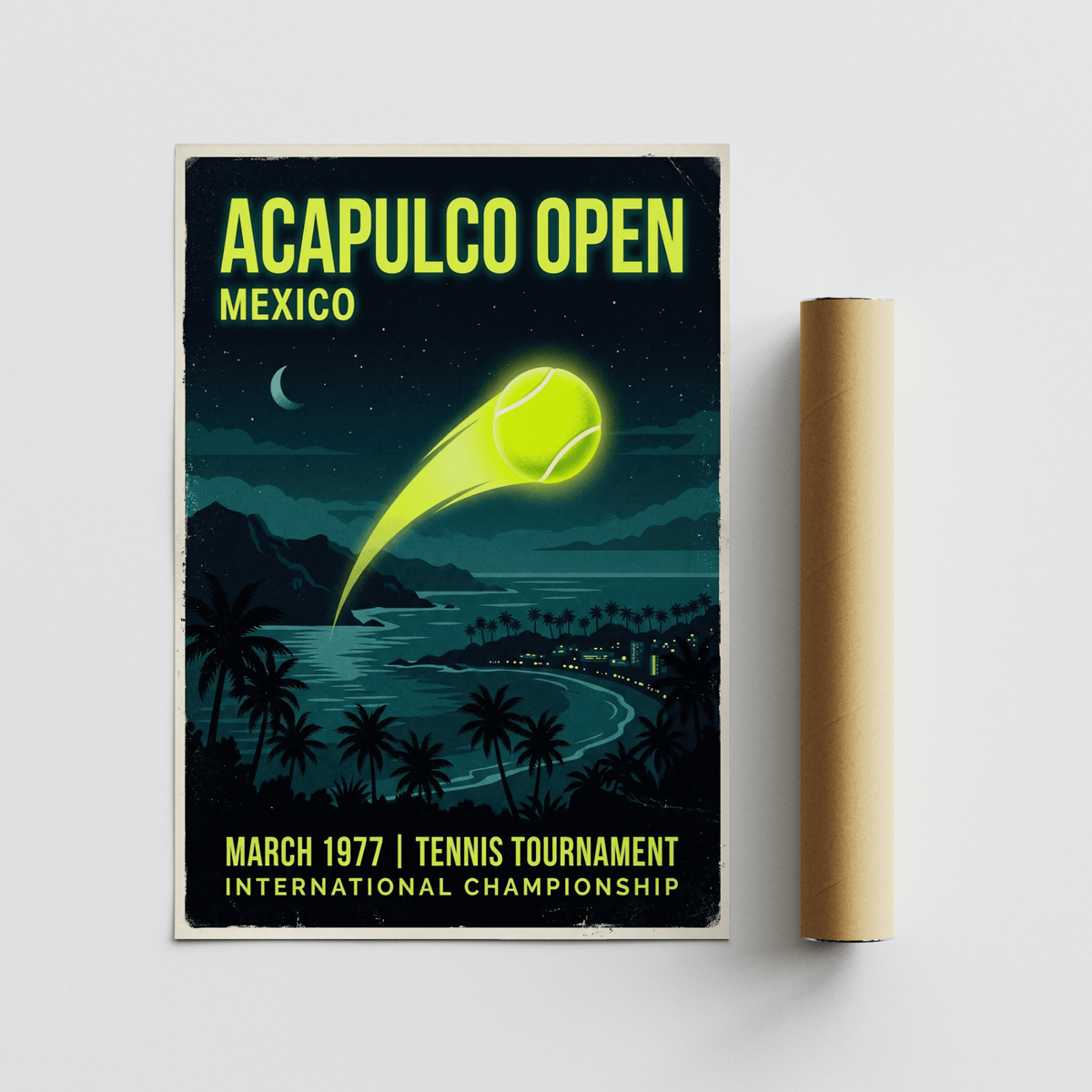 Sports event wall decor poster with large tennis ball motif and bold headline type