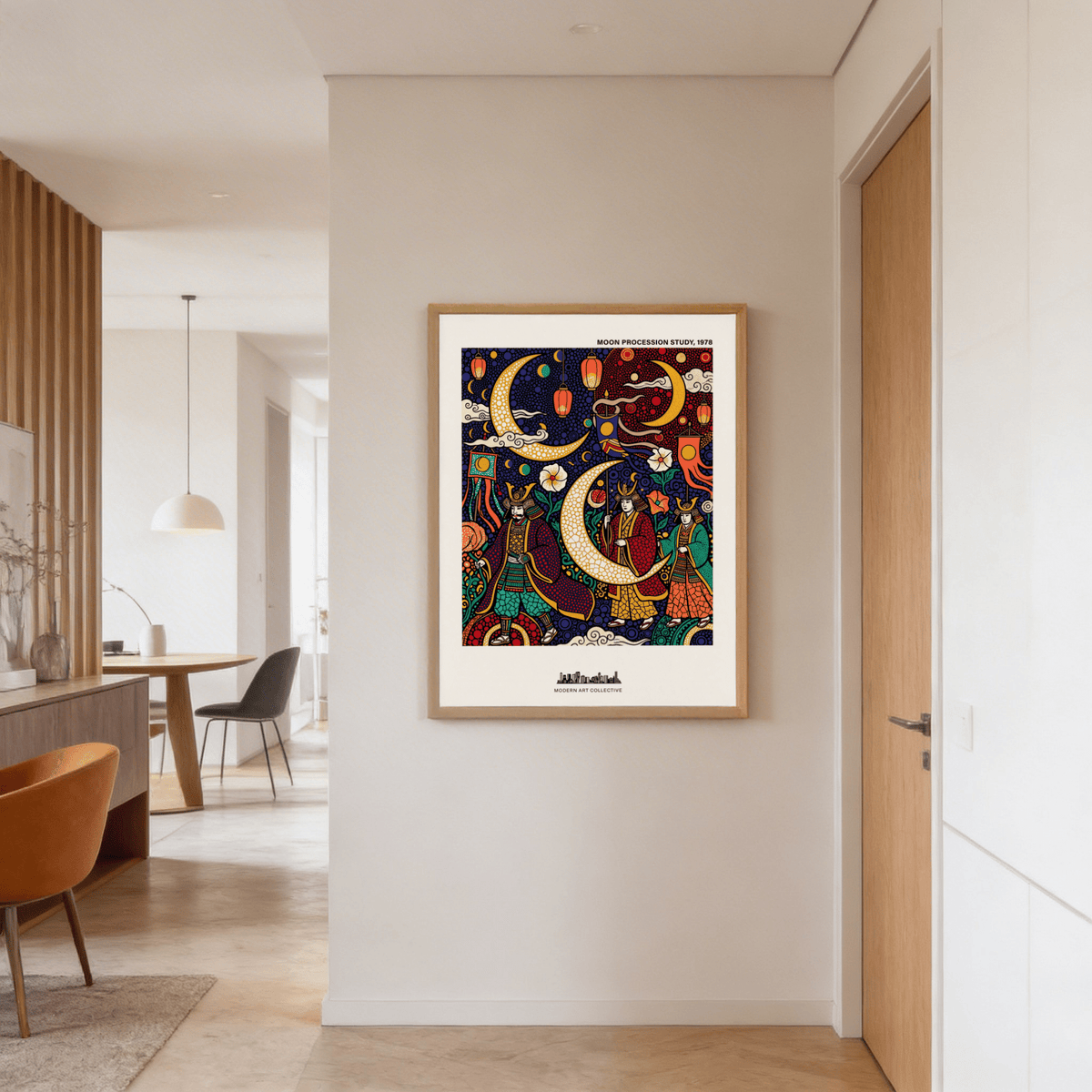 Night sky festival scene with circular motifs, clouds, and crescent moons