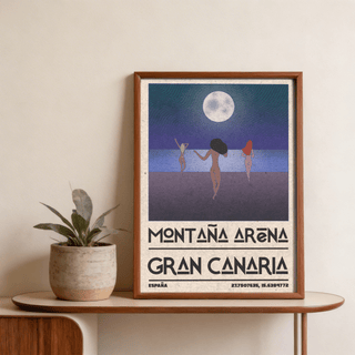 Nude Beach Art Print travel poster with back-view nudes on sand